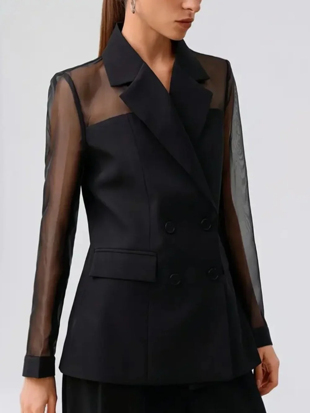 Fashionable Women's Elegant Blazer, Stylish High-End Mesh Patchwork Double-Breas